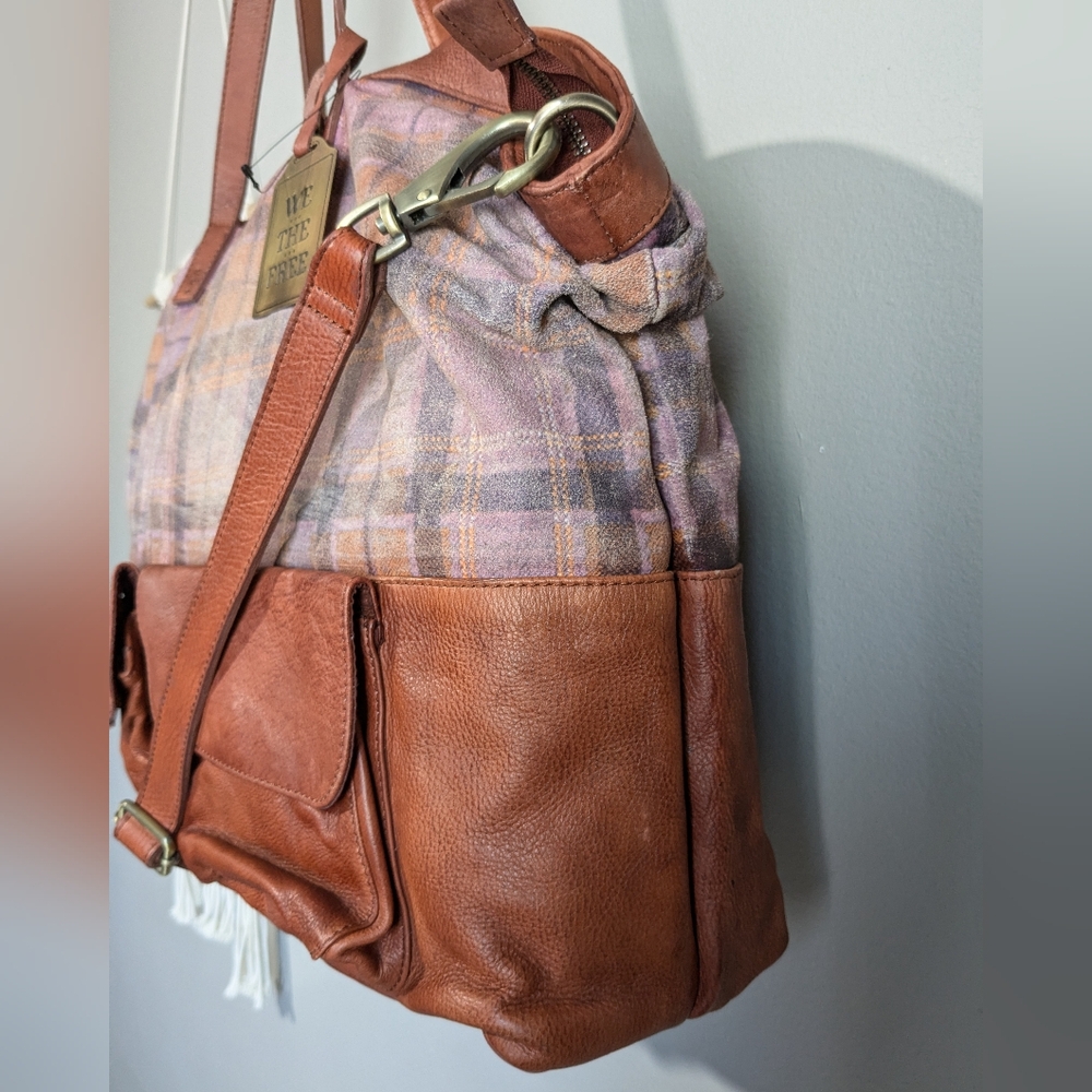 Free People We the Free Leather Rockport Tote Madras Plaid - Picture 6 of 12